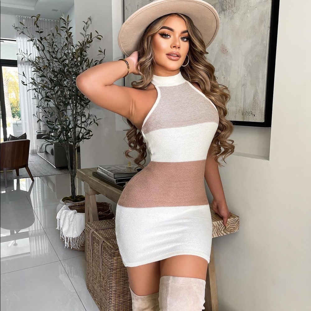 Tan white halter sweater dress
